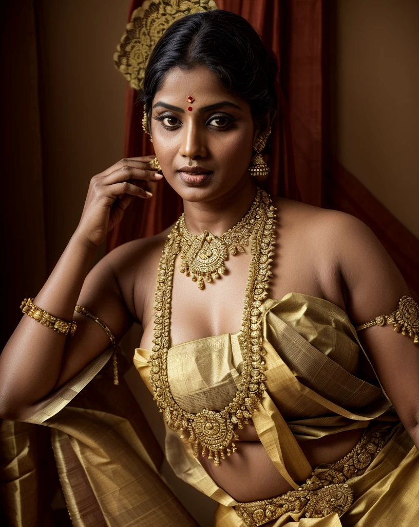 An Extremely gorgeous and beautiful Bengali village woman, 48 yo, pale white skin, sensual appealing body, perfect thick and chubby Beauty, wearing saree bare-chested, wearing a Bengali-style saree without a blouse,, ethnic vintage bengali village woman, bengali style saree, The sari was worn without a blouse and petticoat before the British Raj, baring one's chest or being blouseless, Bengalis a.k.a. Bongs are known for their unique Bengali fashion sense (the way they don that sari makes you go wow), Pre British Raj, Pre colonial era, Bengali Woman draping sari without blouse is a normal thing in pre British Era, bong woman, Indian sensibility, Indian ethnicity,