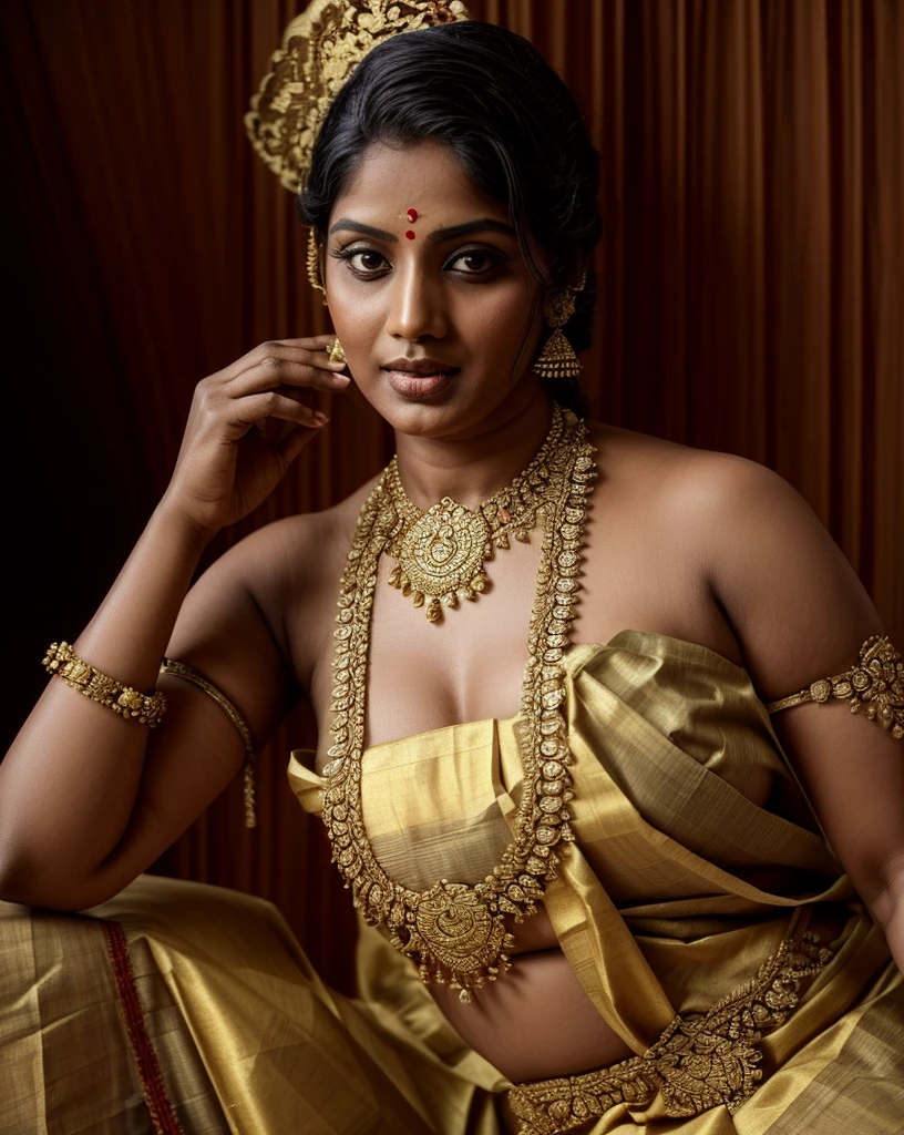 An Extremely gorgeous and beautiful Bengali village woman, 48 yo, pale white skin, sensual appealing body, perfect thick and chubby Beauty, wearing saree bare-chested, wearing a Bengali-style saree without a blouse,, ethnic vintage bengali village woman, bengali style saree, The sari was worn without a blouse and petticoat before the British Raj, baring one's chest or being blouseless,  Bengalis a.k.a. Bongs are known for their unique Bengali fashion sense (the way they don that sari makes you go wow), Pre British Raj, Pre colonial era, Bengali Woman draping sari without blouse is a normal thing in pre British Era, bong woman, Indian sensibility, Indian ethnicity, 