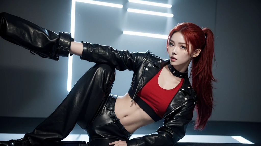 Kpop idol girl has striking red hair styled in a sleek, high ponytail. She wears a black leather jacket with silver studs, a fitted black crop top, high-waisted black pants, and combat boots.
Pose: she stands confidently with one foot on a low wall, leaning slightly forward. Her left hand rests on her knee. Red lights background. Close up shot