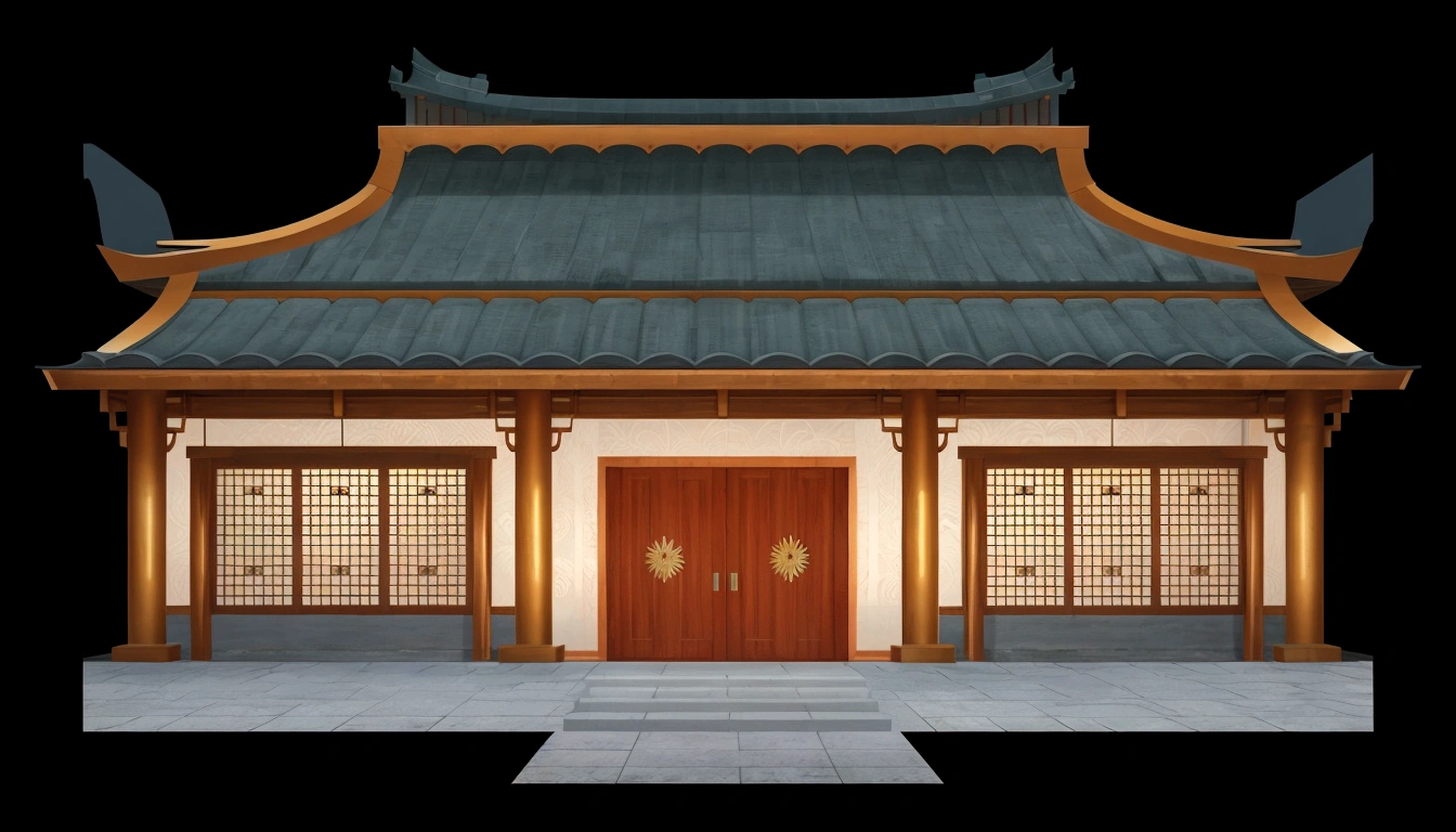 illustration of a traditional chinese building with lanterns and a bird, temple background, zen temple background, background depicting a temple, digital painting of a pagoda, japanese temple, japanese house, korean traditional palace, background art, palace background, chinese building, artwork in the style of z.w. gu, cyberpunk japanese temple, inspired by Shūbun Tenshō