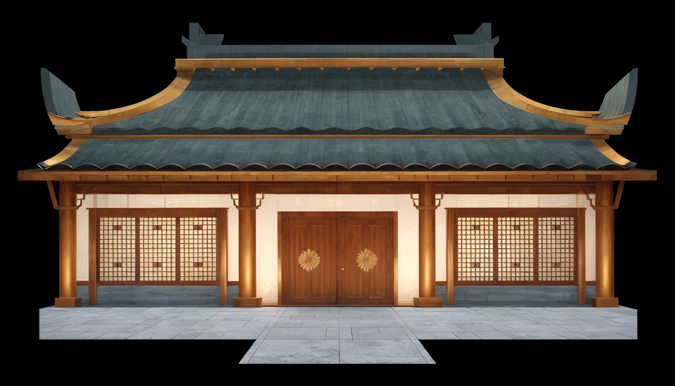illustration of a traditional chinese building with lanterns and a bird, temple background, zen temple background, background depicting a temple, digital painting of a pagoda, japanese temple, japanese house, korean traditional palace, background art, palace background, chinese building, artwork in the style of z.w. gu, cyberpunk japanese temple, inspired by Shūbun Tenshō