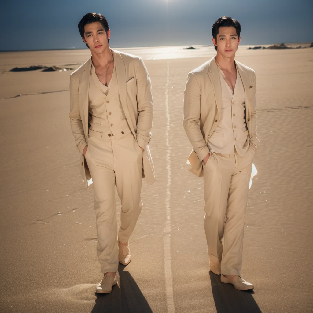(1man:1.4),(male:1.2),(full body:1.2), age 25 handsome american man , beach lighting , photo shoot of beige linen tuxedo coat pant