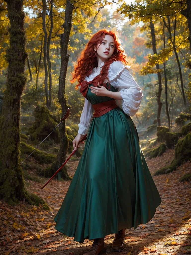 Merida with red curly hair in the forest aiming with her bow. Golden hour foggy weather pov on her eyes