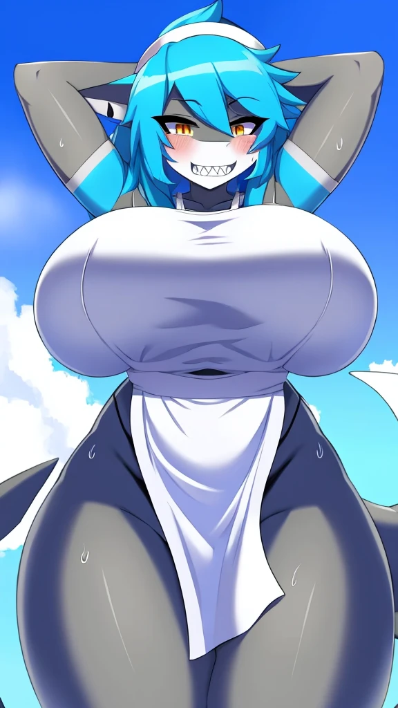 shark girl, Very sexy, big breasts, white apron, Sweating