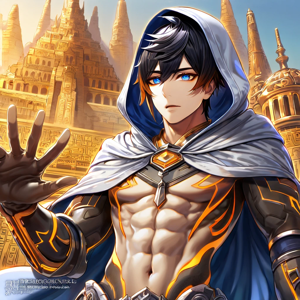 absurdres, highres, ultra detailed, HDR, master piece, best quality, extremely detailed face, delicated features, Zhongli, black hair, expressive blue eyes, white cape with hood, white tunic, showing the abdomen, solo, sexy man, handsome, uruk, ancient city, fantasy, palms, kingdom