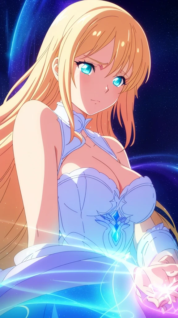 beautiful girl, puffy tiered ballgown, vibrant pastel colors,(20years old,madure female),angry,closed mouth,white dress,cleavage,sleeveless,((glowing blonde long hair)), magical lights, sparkling magical liquid, inspired by Glen Keane, inspired by Lois van Baarle, disney art style, by Lois van Baarle, glowing aura around her, by Glen Keane, jen bartel, glowing lights! digital painting, flowing glowing hair, glowing flowing hair, beautiful digital illustration, fantasia background, whimsical, magical, fantasy, ((beautiful face)), ((masterpiece, best quality)), intricate details, highly detailed, sharp focus, 8k resolution, sparkling detailed eyes, liquid watercolor,