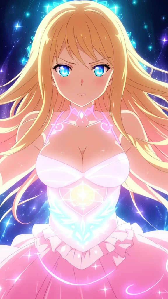beautiful girl, puffy tiered ballgown, vibrant pastel colors,(20years old,madure female),angry,closed mouth,white dress,cleavage,sleeveless,((glowing blonde long hair)), magical lights, sparkling magical liquid, inspired by Glen Keane, inspired by Lois van Baarle, disney art style, by Lois van Baarle, glowing aura around her, by Glen Keane, jen bartel, glowing lights! digital painting, flowing glowing hair, glowing flowing hair, beautiful digital illustration, fantasia background, whimsical, magical, fantasy, ((beautiful face)), ((masterpiece, best quality)), intricate details, highly detailed, sharp focus, 8k resolution, sparkling detailed eyes, liquid watercolor,
