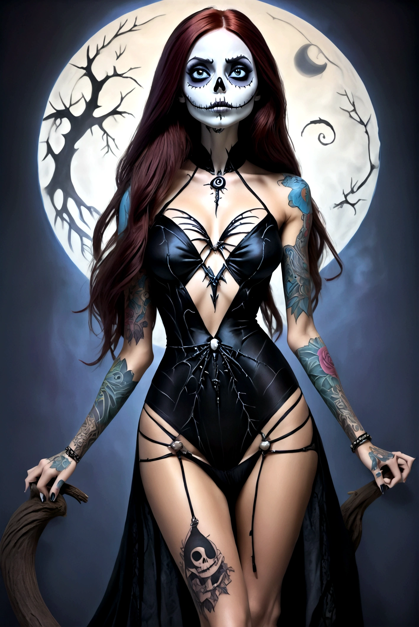 Create a hyper detailed photograph of a nightmare before Christmas tattooed young sexy sally Skellington, Stunningly perfect gorgeous face, perfect makeup,detailed vibrant eyes, long hair,detailed perfect beautiful legs, detailed perfect beautiful arms, realistic torso, muscular abs, sally Skellington detailed silky smooth skin texture,detailed silky smooth perky breast, perfect round ass, nightmare before Christmas sexy seductive strappy lingerie dress, facing forward looking forward, ass facing viewer,