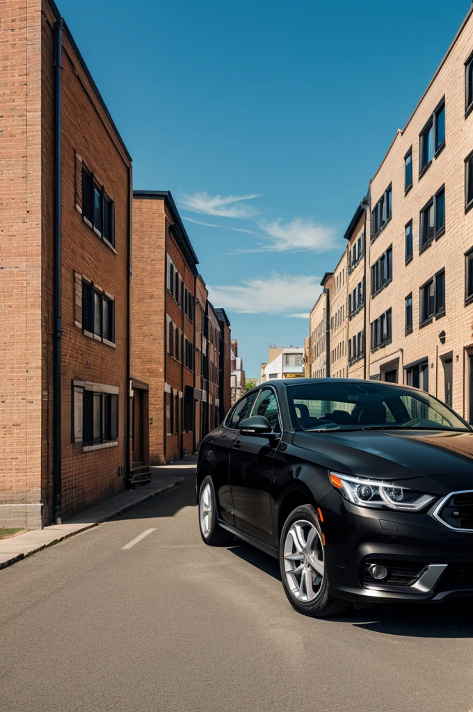 Buildings and a black car