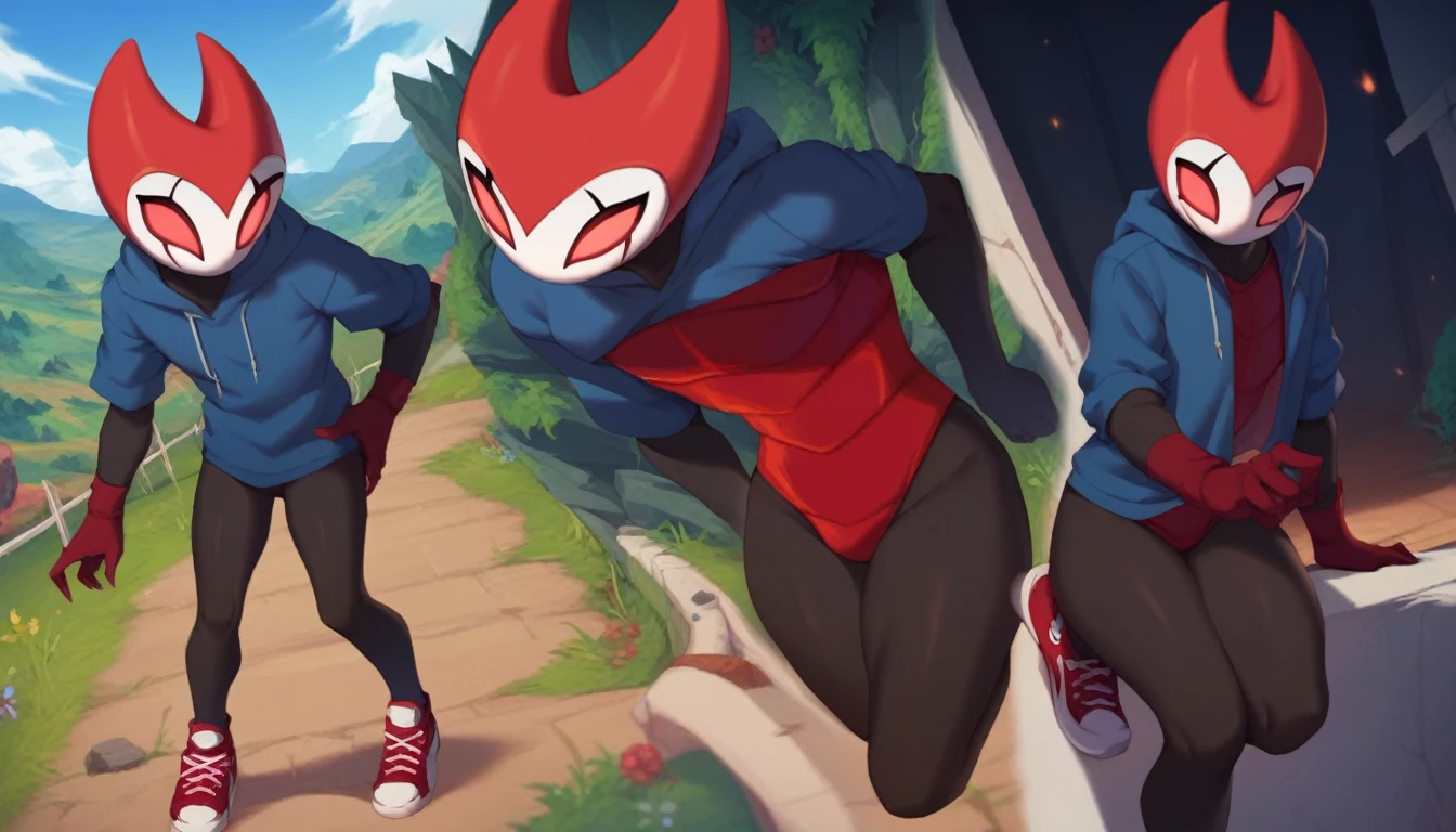 score_9, score_8_up, score_7_up, score_6_up, zPDXL2, grimm \(hollow knight\), vampire, bat, 1boy, solo, cute face, detailed eyes, anthro, landscape, looking at the viewer, highlight thighs, red sports gloves, sneakers, blue hooded sweatshirt, (dynamic poses), outdoor, In the woods, cinematic angle