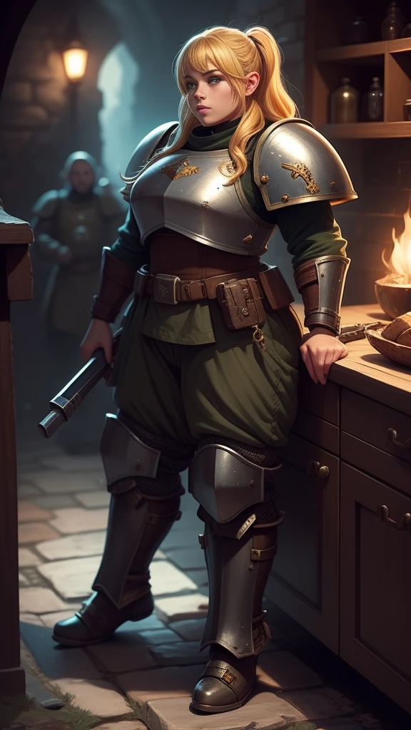 warhammer 40k imperial guardsman, female dwarf. blonde hair, ((large feet)), barefoot, hairs on feet, bare hand, hobbit, pants, chest armor