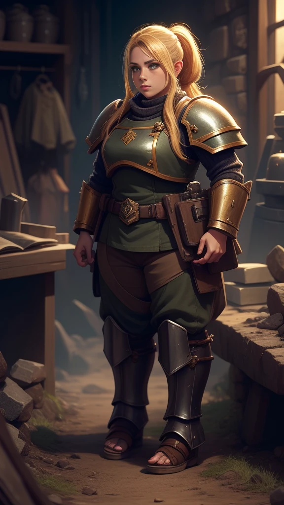 warhammer 40k imperial guardsman, female dwarf. blonde hair, ((large feet)), barefoot, hairs on feet, bare hand, hobbit, pants, chest armor