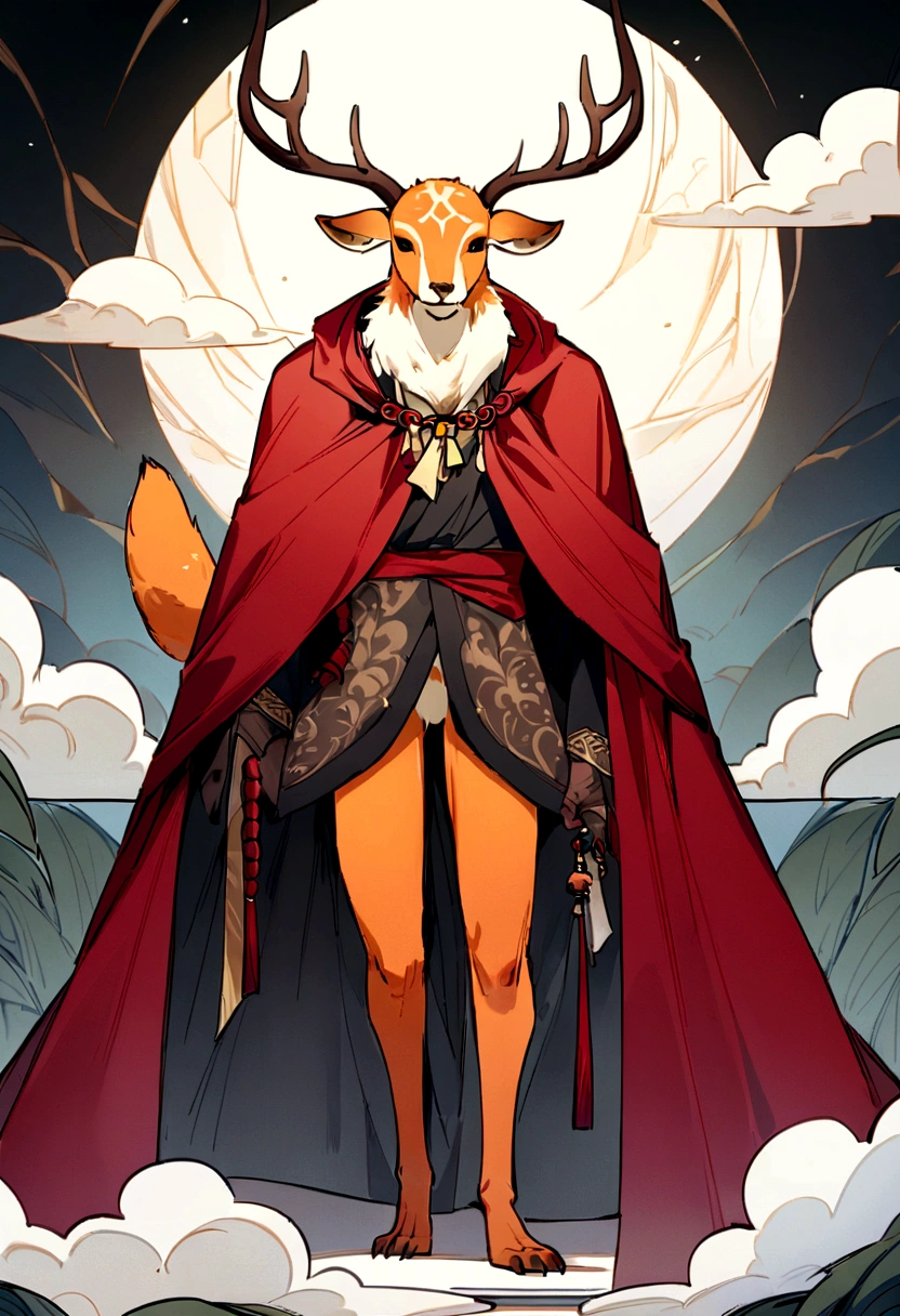 Sibuxiang has tangerine orange fur with a few white spots on its thighs and tail and has two brown horns on its forehead. He also wears a red cloak with white clouds tied around his neck. His face is always hidden by a white and red mask or one way or another when the mask is removed, whether it is in the main Manhua or in Beast Jokes. As Sibuxiang's name states, his body is made up of different animal parts. His front legs and feet are those of a cat, but he mostly looks like a deer.