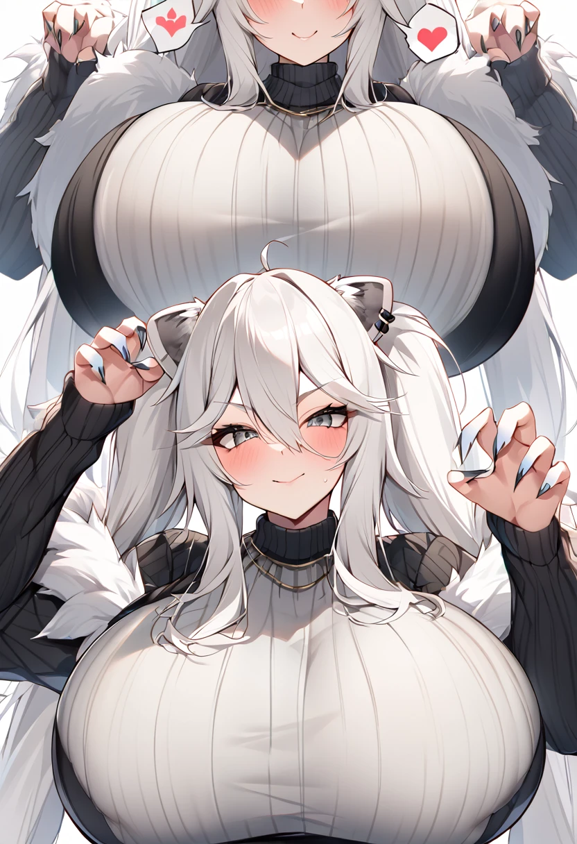 Shishirabotan、Black knitted clothes、Vertical sweater clothes、Black sweater、Huge breasts:1.5、sagging breast:1.5、1girl、portrait、spoken heart、face focus、straight hair、Twin tails、Slightly messy hair、White lion、claw pose