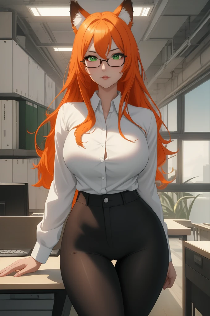 (masterpiece, Best quality), 8K, ultra detailed, realistic photo, Detailed face, perfect lighting, green eyes, bright orange hair, bright hair, fox ears, nice legs, side photo, beautiful, Cute, skin pores, 1 girl, perfect shirt, fully dressed, beautiful women 30 years old, Beautiful proportions, Russian woman, Caucasian, European, Business lady, stunningly beautiful woman, mother, thick legs, show ass, big breasts, (Thin white shirt:1.4), thick, hot, (White Office Wear:1.4), tight pants, (wide hips:1.2), thick, (white Office pants:1.3), spread your legs, Legs open, full length, wide hips, Glasses, with long orange hair, standing on the beach near the ocean, green eyes detailed digital anime art, cat ear, anime girl with long hair, гладкое аниме cg art, anime girl with long hair, digital anime art, work in Guweiz style, Beautiful anime portrait, Photorealistic render of an anime girl, pantyhose, Beautiful anime girl, advanced digital anime art, guweiz на artstation pixiv HD UHD HQ
