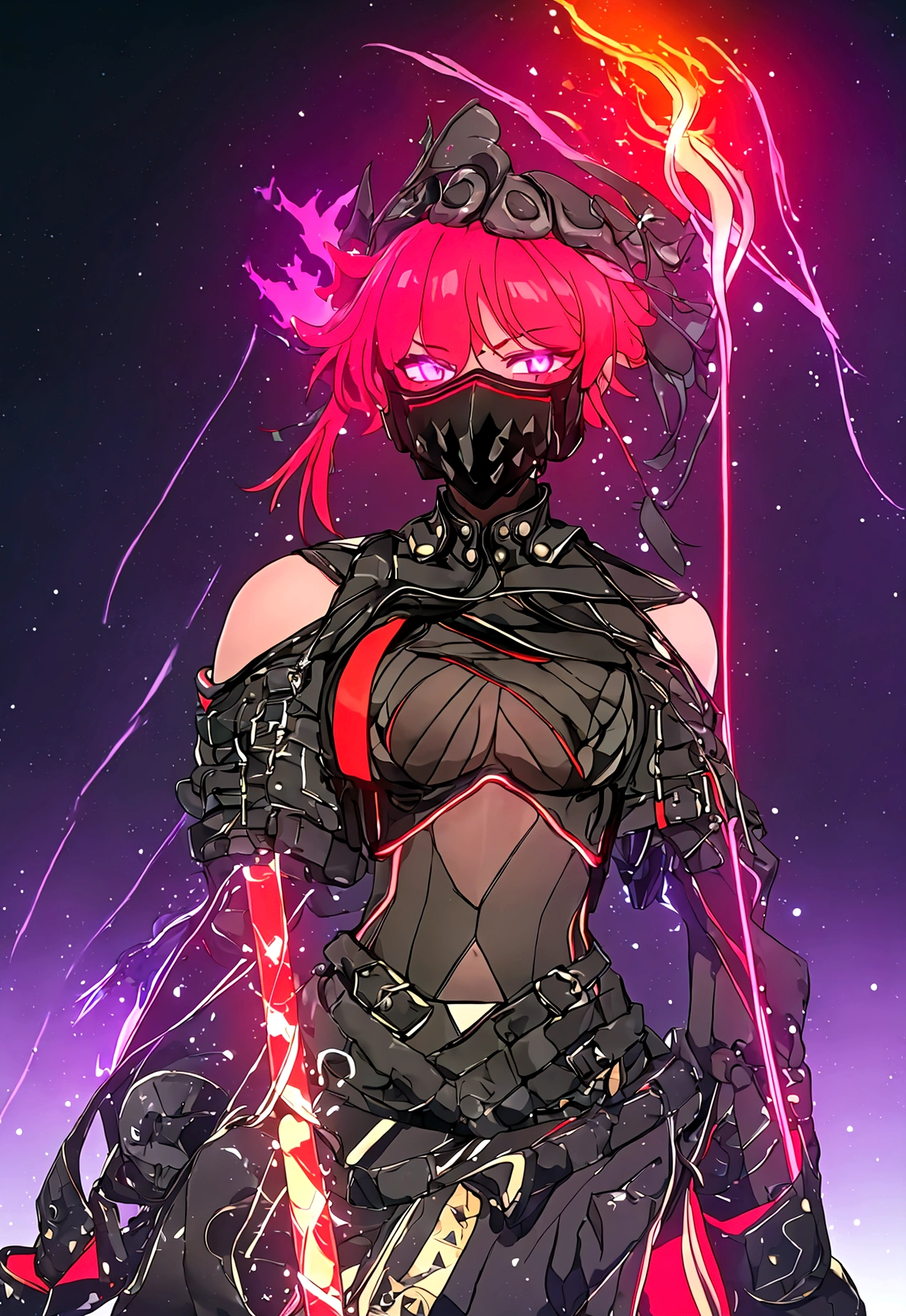 score_9, score_8_up, score_8_up, 1girl, depth of field, raw, intimate shot, (goth girl, face mask, ski mask, open jacket, off shoulder), nsfw, pierced nipples, ((glowing particles, flames)), large perfect breasts, (holding a weapon)