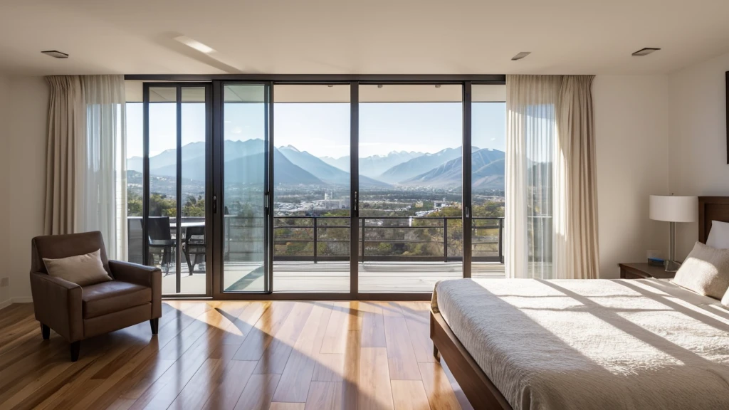 “In the early morning, sunlight streams through the window, illuminating the cityscape with distant mountains in the background. Close to the window, against the wall, there is a white table with nothing placed on it. The room’s interior is predominantly white, sparsely furnished. The view through the window takes center stage, capturing the essence of the cityscape and distant mountains, with the white table subtly visible in the foreground.”