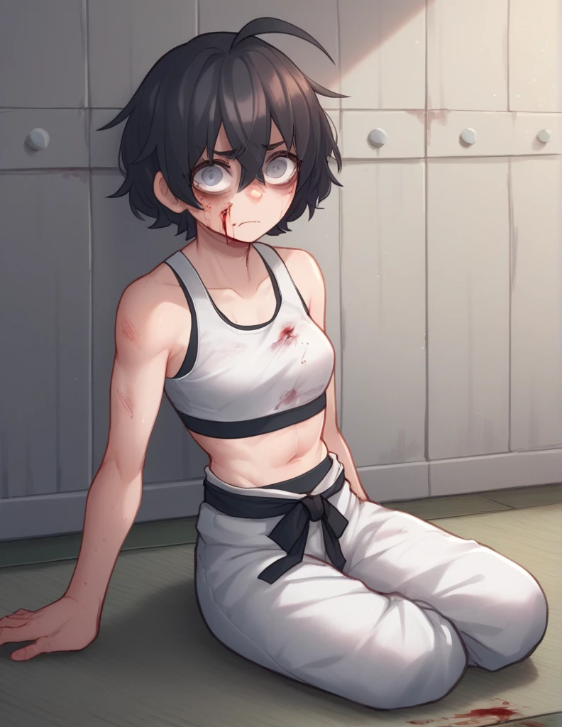 1 girl, alone, ppka, black fur, short hair, messy fur, Ahoge, parts, parts all over the body, grey eyes, blind eyes, kind eyes, very nervous, looking at the viewer, 
karate pants, White, sports bra, karate black belt, 
sitting on the floor, full of bruises, blood on the cheek, defeated,
Exposed navel, exposed shoulders and arms 