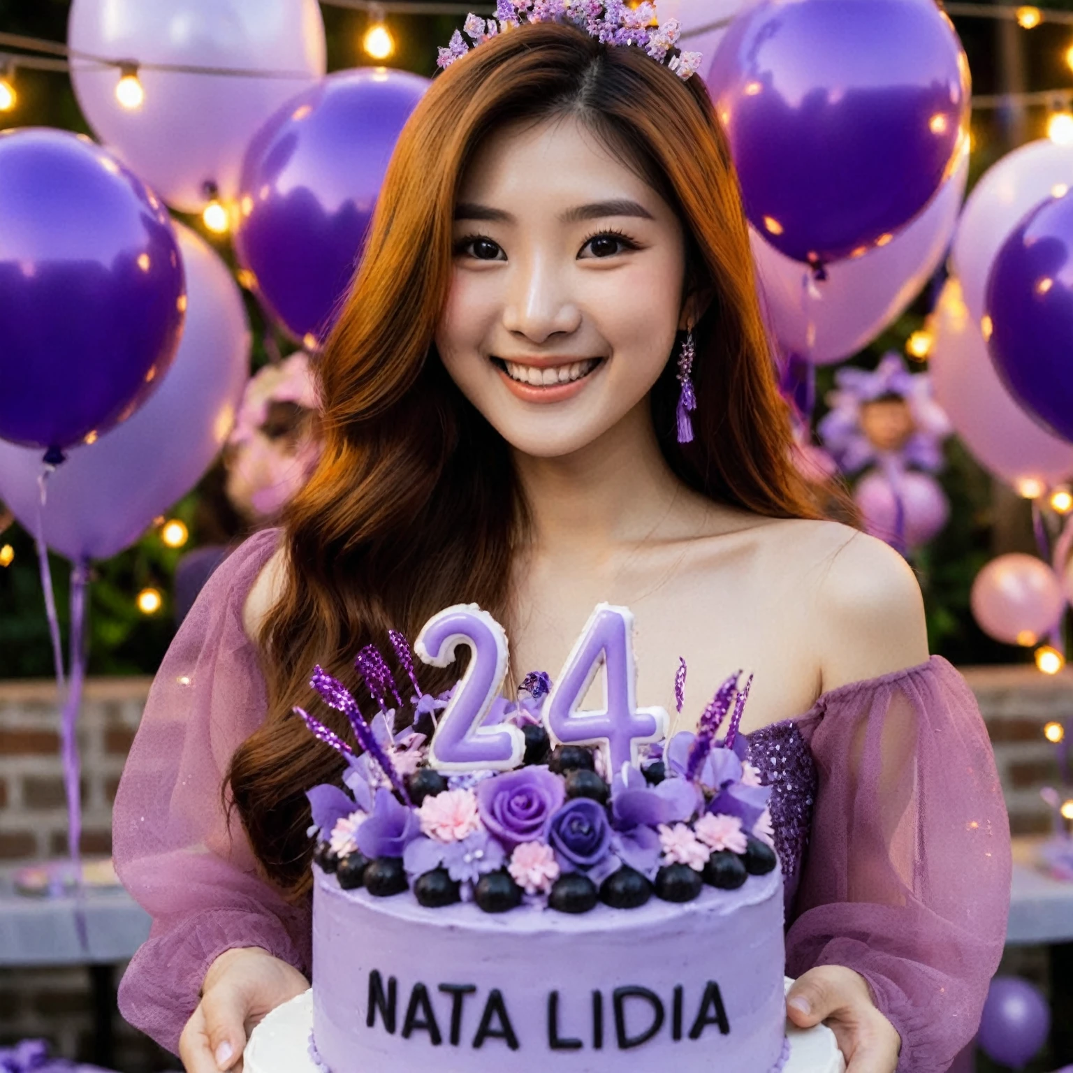 The birthday party of an Asian woman with long hair, she is wearing a candid purple birthday attire, with purple balloons and decorations and signs, she is 24 years old, she is holding a purple birthday cake, you can see very clearly the writing on her birthday cake " Happy Birthday Nata Lidia", "24", she is happy, smiling, party balloons, party lights, birthday party decorations around outdoor, better detail and lighting, high quality photos.