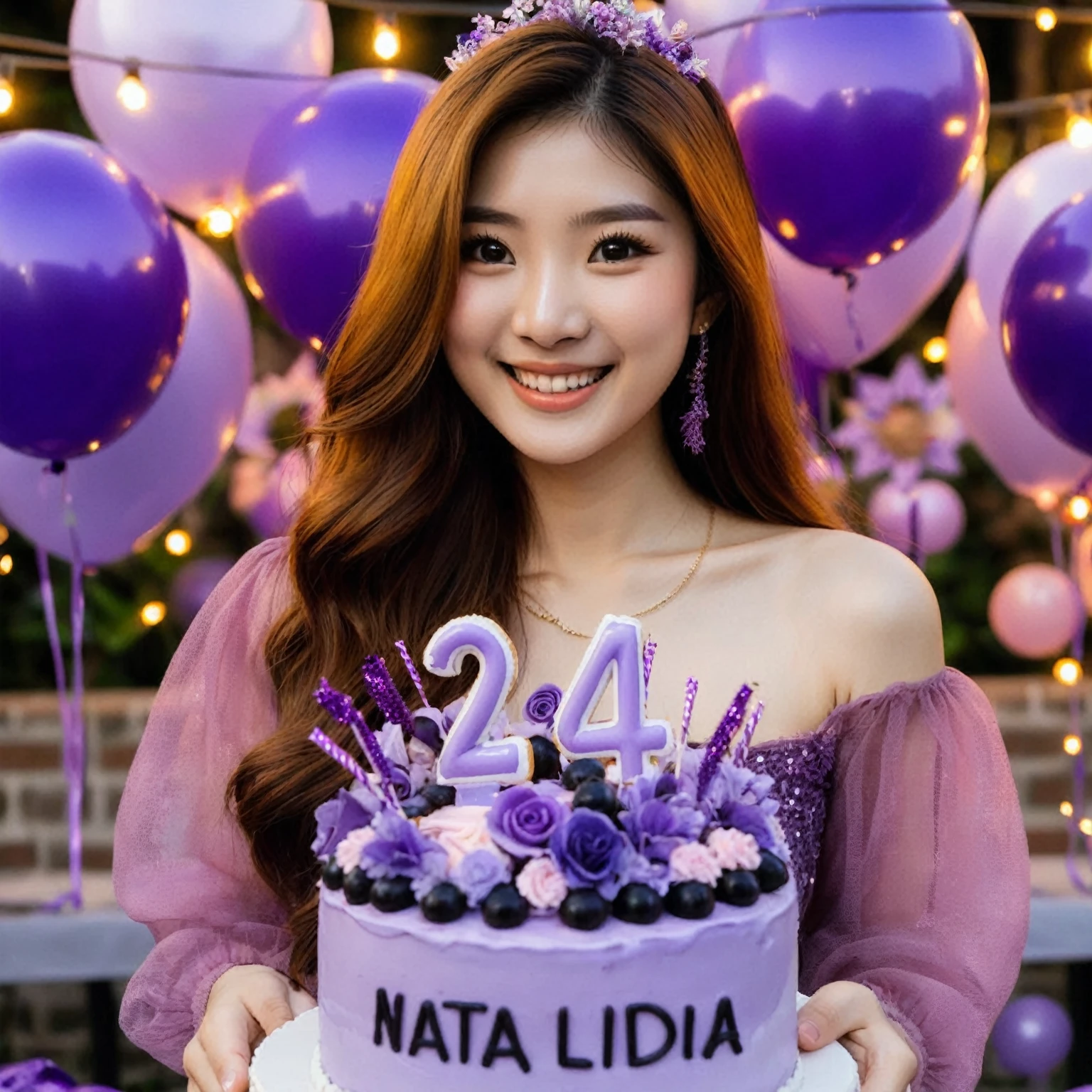 The birthday party of an Asian woman with long hair, she is wearing a candid purple birthday attire, with purple balloons and decorations and signs, she is 24 years old, she is holding a purple birthday cake, you can see very clearly the writing on her birthday cake " Happy Birthday Nata Lidia", "24", she is happy, smiling, party balloons, party lights, birthday party decorations around outdoor, better detail and lighting, high quality photos.