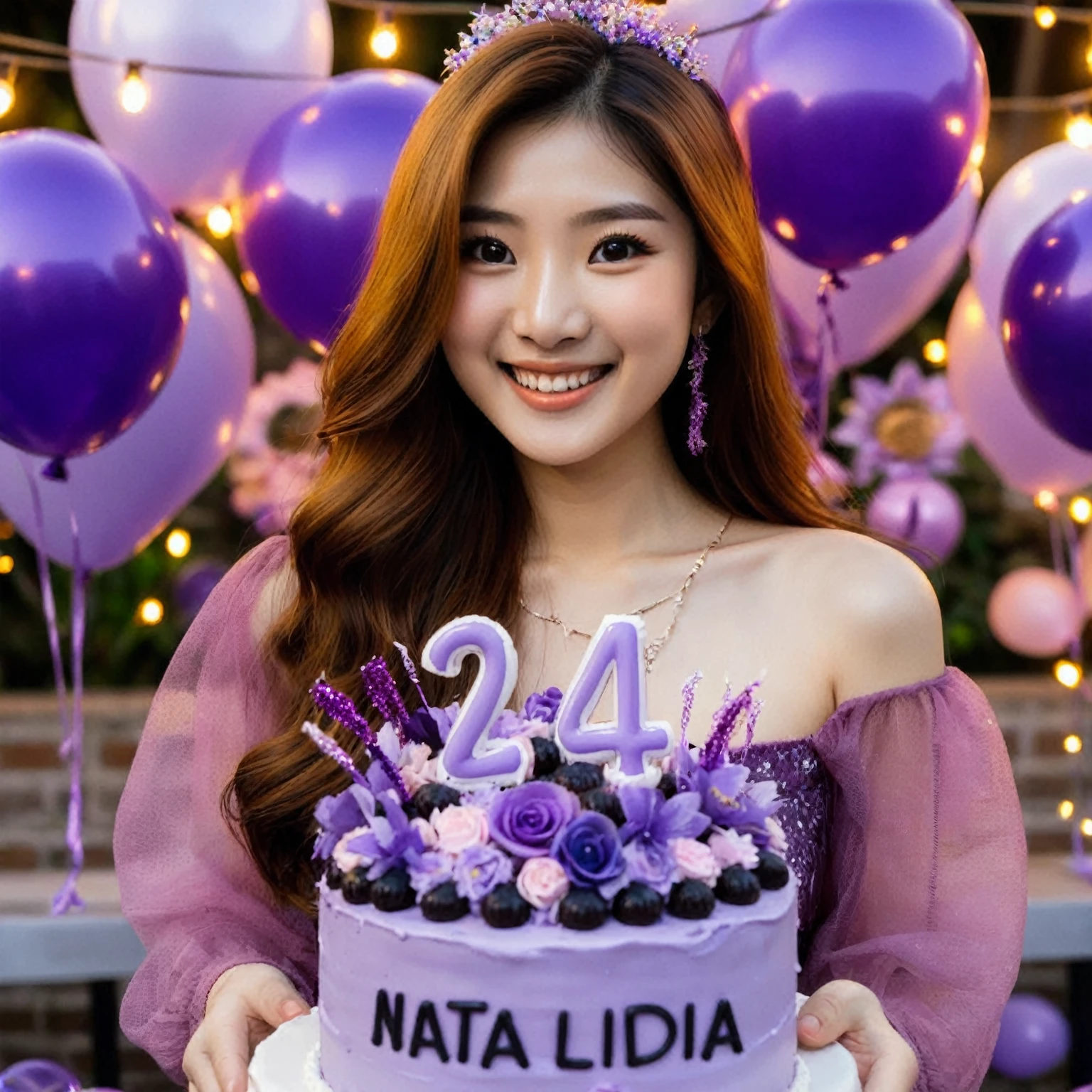 The birthday party of an Asian woman with long hair, she is wearing a candid purple birthday attire, with purple balloons and decorations and signs, she is 24 years old, she is holding a purple birthday cake, you can see very clearly the writing on her birthday cake " Happy Birthday Nata Lidia", "24", she is happy, smiling, party balloons, party lights, birthday party decorations around outdoor, better detail and lighting, high quality photos.
