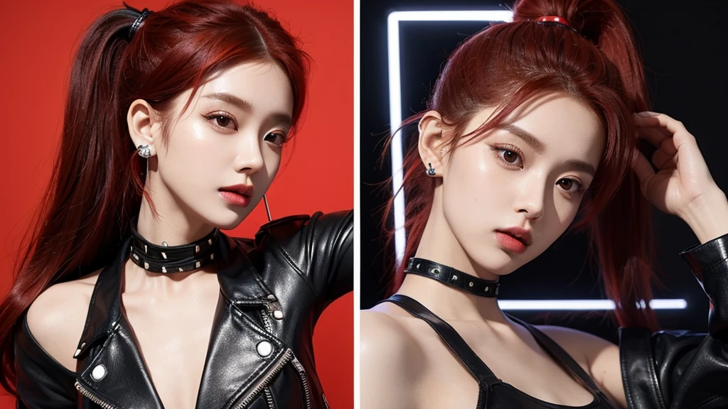 Kpop idol girl has striking red hair styled in a sleek, high ponytail. She wears a black leather jacket with silver studs, a fitted black crop top, high-waisted black pants, and combat boots.
 Red lights background. Close up shot