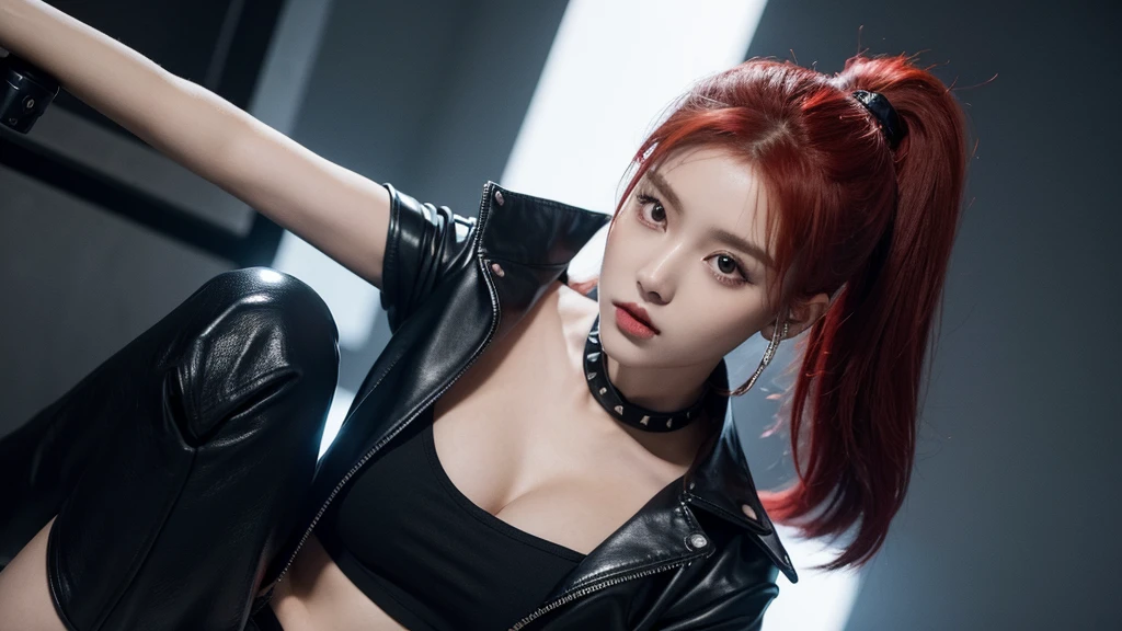 Kpop idol girl has striking red hair styled in a sleek, high ponytail. She wears a black leather jacket with silver studs, a fitted black crop top, high-waisted black pants, and combat boots.
Red lights background. Close up shot
