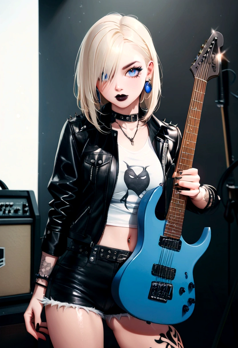 realisitic:1.2, Rocker girl in leather jacket,slender figure、Normal bust size、 highly realisitic photograph, all-body、, １2 electric guitars, clothes with thorns,white top、exposed belly button、leather shorts、tatoo,dark lipstick earrings, blue colored eyes,spiky and partially shaved blonde hair, beautiful and perfect legs, confident expression, punk style ,dynamic pose, dynamic lighting, shiny colors, Aria Alexa 65, 50 mm lens