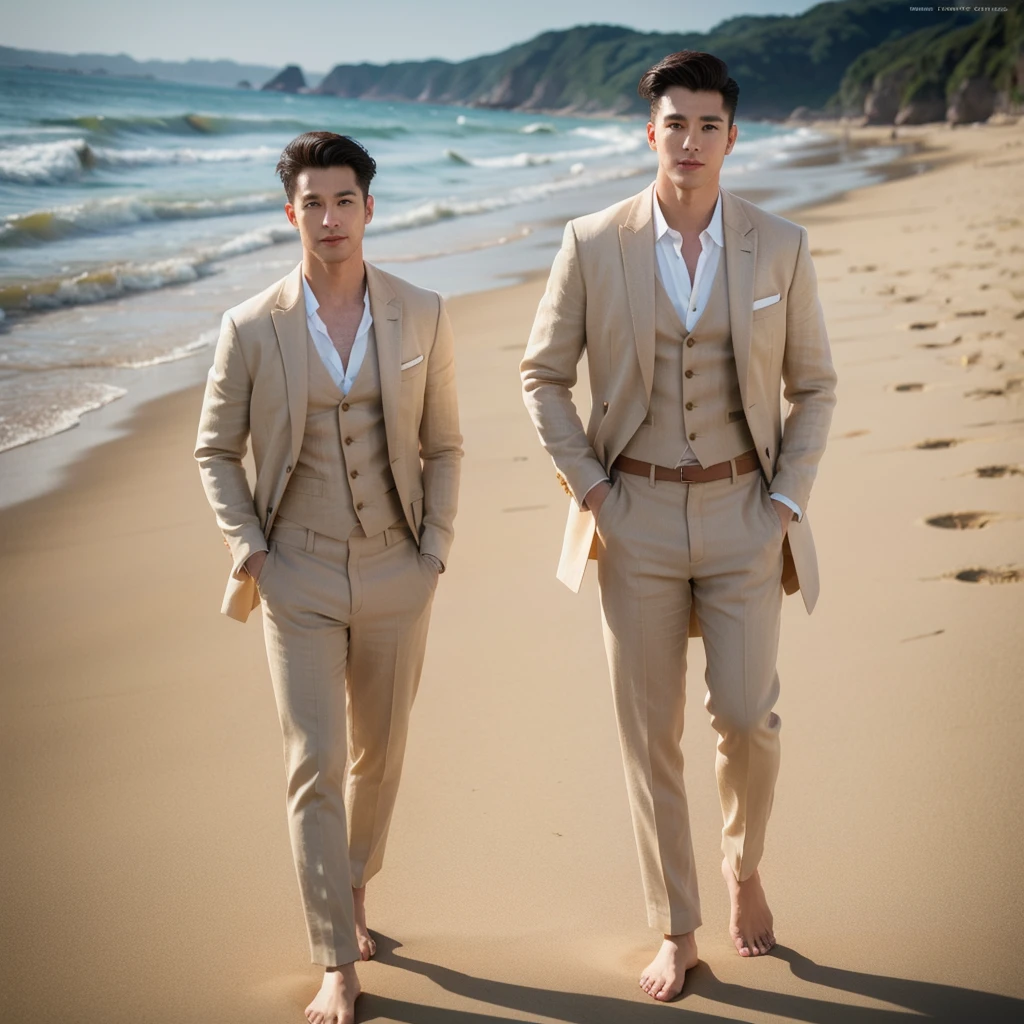 (1man:1.4),(male:1.2),(full body:1.2), age 25 handsome american man , beach lighting , photo shoot of beige linen tuxedo coat pant