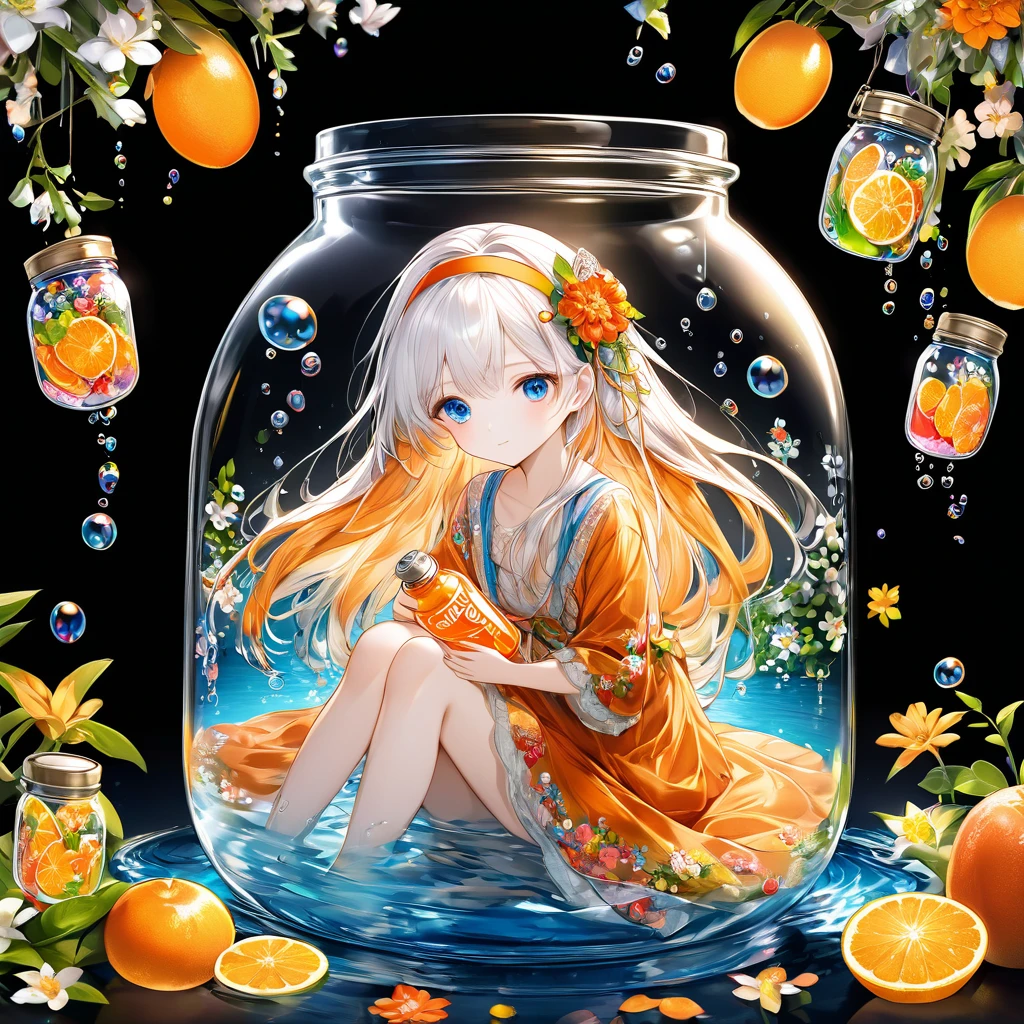 (Masterpiece), (Best Quality), Illustration, Super Detailed, HDR, Depth of Field, (Colorful), ,(Flowers Background:1.45),(Transparent Background:1.3)(an extremely delicate and beautiful girl inside of glass jar :1.2), (glass jar:1.35), (lone:1.2), (whole body), (beautiful and delicate eyes, beautiful and delicate face:1.3), (sitting), (very long silky hair, white hair: 1.15), (ease_chest, tally and thin: 1.2), (colorful clothes: 1.3), (exceptionally fine lace: 0.3), (exceptionally fine decoration: 0.3), (headband, orange hair_decoration: 1.25), orange jar, water surface, whole body, (bottle filled with orange water, bottle filled with Fanta: 1.25), (many fruit in a jar, many pieces_fruit in a jar: 1.25), (lots of bubbles: 1.25),