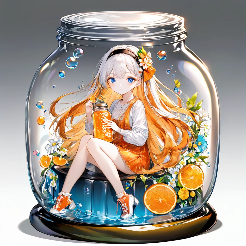 (Masterpiece), (Best Quality), Illustration, Super Detailed, HDR, Depth of Field, (Colorful), ,(Flowers Background:1.45),(Transparent Background:1.3)(an extremely delicate and beautiful girl inside of glass jar :1.2), (glass jar:1.35), (lone:1.2), (whole body), (beautiful and delicate eyes, beautiful and delicate face:1.3), (sitting), (very long silky hair, white hair: 1.15), (ease_chest, tally and thin: 1.2), (colorful clothes: 1.3), (exceptionally fine lace: 0.3), (exceptionally fine decoration: 0.3), (headband, orange hair_decoration: 1.25), orange jar, water surface, whole body, (bottle filled with orange water, bottle filled with Fanta: 1.25), (many fruit in a jar, many pieces_fruit in a jar: 1.25), (lots of bubbles: 1.25),