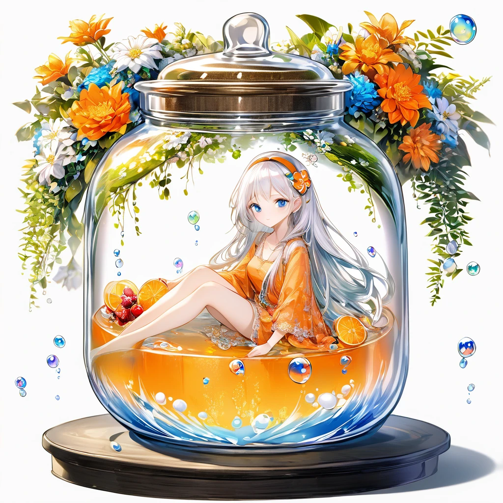 (Masterpiece), (Best Quality), Illustration, Super Detailed, HDR, Depth of Field, (Colorful), ,(Flowers Background:1.45),(Transparent Background:1.3)(an extremely delicate and beautiful girl inside of glass jar :1.2), (glass jar:1.35), (lone:1.2), (whole body), (beautiful and delicate eyes, beautiful and delicate face:1.3), (sitting), (very long silky hair, white hair: 1.15), (ease_chest, tally and thin: 1.2), (colorful clothes: 1.3), (exceptionally fine lace: 0.3), (exceptionally fine decoration: 0.3), (headband, orange hair_decoration: 1.25), orange jar, water surface, whole body, (bottle filled with orange water, bottle filled with Fanta: 1.25), (many fruit in a jar, many pieces_fruit in a jar: 1.25), (lots of bubbles: 1.25),