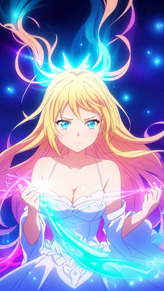 beautiful girl, puffy tiered ballgown, vibrant pastel colors,(20years old,madure female),angry,closed mouth,white dress,cleavage,sleeveless,((glowing blonde long hair)), magical lights, sparkling magical liquid, inspired by Glen Keane, inspired by Lois van Baarle, disney art style, by Lois van Baarle, glowing aura around her, by Glen Keane, jen bartel, glowing lights! digital painting, flowing glowing hair, glowing flowing hair, beautiful digital illustration, fantasia background, whimsical, magical, fantasy, ((beautiful face)), ((masterpiece, best quality)), intricate details, highly detailed, sharp focus, 8k resolution, sparkling detailed eyes, liquid watercolor,