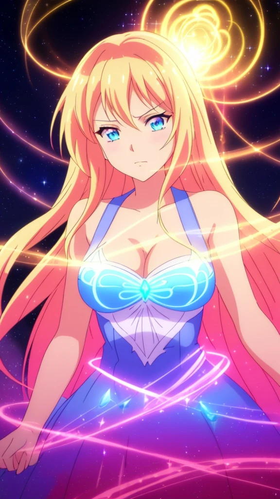 beautiful girl, puffy tiered ballgown, vibrant pastel colors,(20years old,madure female),angry,closed mouth,white dress,cleavage,sleeveless,((glowing blonde long hair)), magical lights, sparkling magical liquid, inspired by Glen Keane, inspired by Lois van Baarle, disney art style, by Lois van Baarle, glowing aura around her, by Glen Keane, jen bartel, glowing lights! digital painting, flowing glowing hair, glowing flowing hair, beautiful digital illustration, fantasia background, whimsical, magical, fantasy, ((beautiful face)), ((masterpiece, best quality)), intricate details, highly detailed, sharp focus, 8k resolution, sparkling detailed eyes, liquid watercolor,