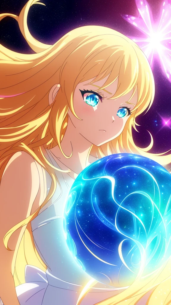 beautiful girl, puffy tiered ballgown, vibrant pastel colors,(20years old,madure female),angry,closed mouth,white dress,cleavage,sleeveless,((glowing blonde long hair)), magical lights, sparkling magical liquid, inspired by Glen Keane, inspired by Lois van Baarle, disney art style, by Lois van Baarle, glowing aura around her, by Glen Keane, jen bartel, glowing lights! digital painting, flowing glowing hair, glowing flowing hair, beautiful digital illustration, fantasia background, whimsical, magical, fantasy, ((beautiful face)), ((masterpiece, best quality)), intricate details, highly detailed, sharp focus, 8k resolution, sparkling detailed eyes, liquid watercolor,