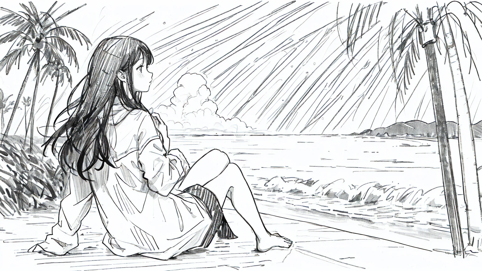 1girl, Line Art, monochrome, sketch, Pencil drawing, traditional media,1 girl, beachwear, beach, long black hair, outdoors, rain, solo, sit and watching the beach, view from the back tree, sky, clouds,