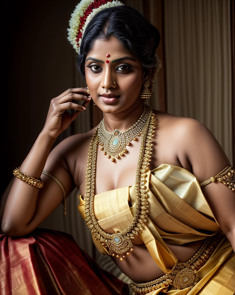 An Extremely gorgeous and beautiful Bengali village woman, 48 yo, pale white skin, sensual appealing body, perfect thick and chubby Beauty, wearing saree bare-chested, wearing a Bengali-style saree without a blouse,, ethnic vintage bengali village woman, bengali style saree, The sari was worn without a blouse and petticoat before the British Raj, baring one's chest or being blouseless, Bengalis a.k.a. Bongs are known for their unique Bengali fashion sense (the way they don that sari makes you go wow), Pre British Raj, Pre colonial era, Bengali Woman draping sari without blouse is a normal thing in pre British Era, bong woman, Indian sensibility, Indian ethnicity,
