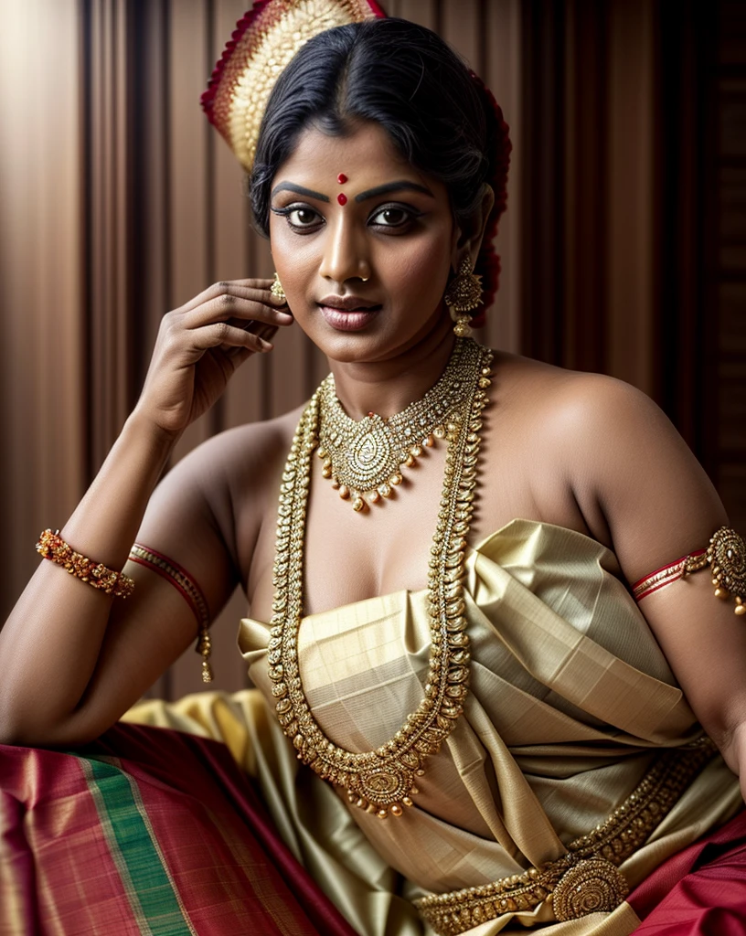 An Extremely gorgeous and beautiful Bengali village woman, 48 yo, pale white skin, sensual appealing body, perfect thick and chubby Beauty, wearing saree bare-chested, wearing a Bengali-style saree without a blouse,, ethnic vintage bengali village woman, bengali style saree, The sari was worn without a blouse and petticoat before the British Raj, baring one's chest or being blouseless, Bengalis a.k.a. Bongs are known for their unique Bengali fashion sense (the way they don that sari makes you go wow), Pre British Raj, Pre colonial era, Bengali Woman draping sari without blouse is a normal thing in pre British Era, bong woman, Indian sensibility, Indian ethnicity,