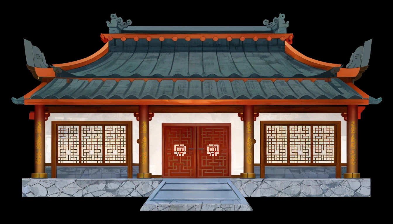illustration of a traditional chinese building with a blue roof and a door, chinese building, temple background, background depicting a temple, zen temple background, an extremely detailed building, chinese temple, japanese temple, japanese house, tang dynasty palace, digital painting of a pagoda, chinese palace, with a chinese temple, house background, game asset, buddhist temple, 2d game asset