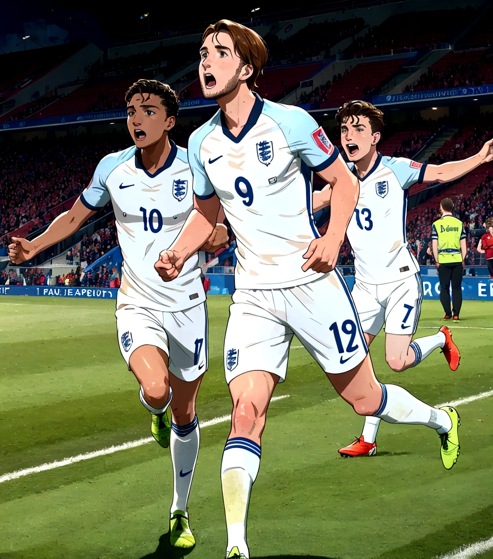 a group of soccer players celebrating a goal, 1 man soccer player, detailed facial features, beautiful detailed eyes, beautiful detailed lips, professional, high quality, ultra-detailed, 4k, 8k, masterpiece, hyperrealistic, photorealistic, extremely detailed, highly detailed, realistic, vivid colors, dramatic lighting, stadium, crowd cheering, england national team, harry kane, official england jersey, celebrating a goal, excited, triumphant, profile shot, end of an era