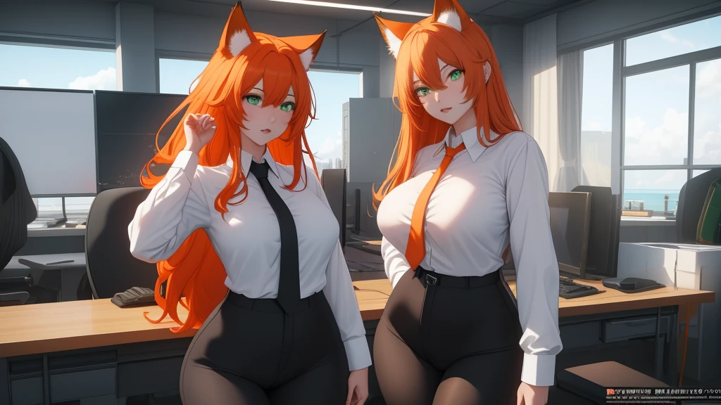 (masterpiece, Best quality), 8K, ultra detailed, realistic photo, Detailed face, perfect lighting, green eyes, bright orange hair, bright hair, fox ears, nice legs, side photo, beautiful, Cute, skin pores, 1 girl, perfect shirt, fully dressed, beautiful women 30 years old, Beautiful proportions, Russian woman, Caucasian, European, Business lady, stunningly beautiful woman, mother, thick legs, show ass, big breasts, (Thin white shirt:1.4), thick, hot, (White Office Wear:1.4), tight pants, (wide hips:1.2), thick, (white Office pants:1.3), spread your legs, Legs open, full length, wide hips, Glasses, with long orange hair, standing on the beach near the ocean, green eyes detailed digital anime art, cat ear, anime girl with long hair, гладкое аниме cg art, anime girl with long hair, digital anime art, work in Guweiz style, Beautiful anime portrait, Photorealistic render of an anime girl, pantyhose, Beautiful anime girl, advanced digital anime art, guweiz на artstation pixiv HD UHD HQ