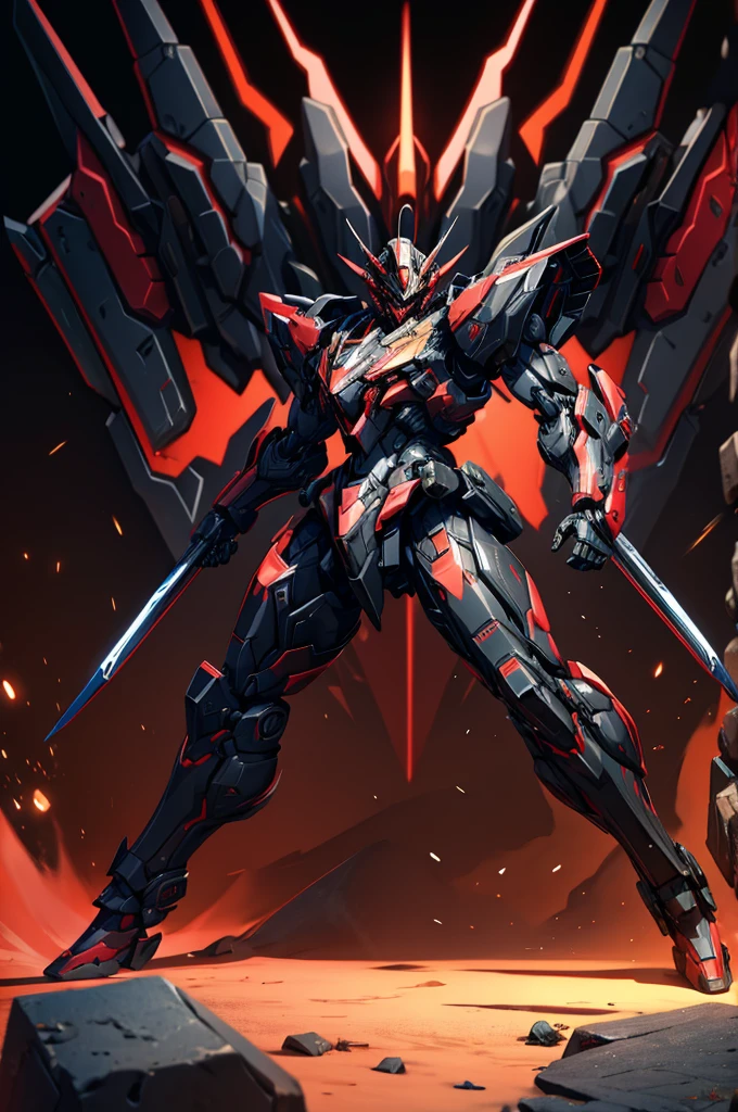 black and red mech, dynamic perspective,extremly detaled, dynamic pose, full body, evnagelion style, weapon