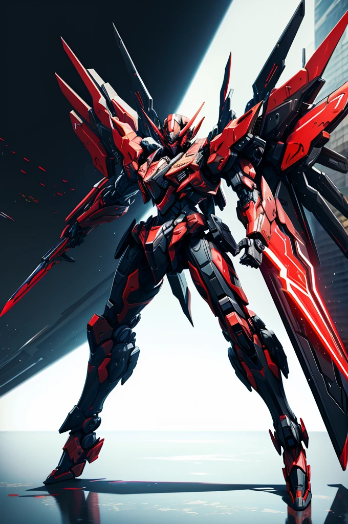 black and red mech, dynamic perspective,extremly detaled, dynamic pose, full body, evnagelion style, weapon