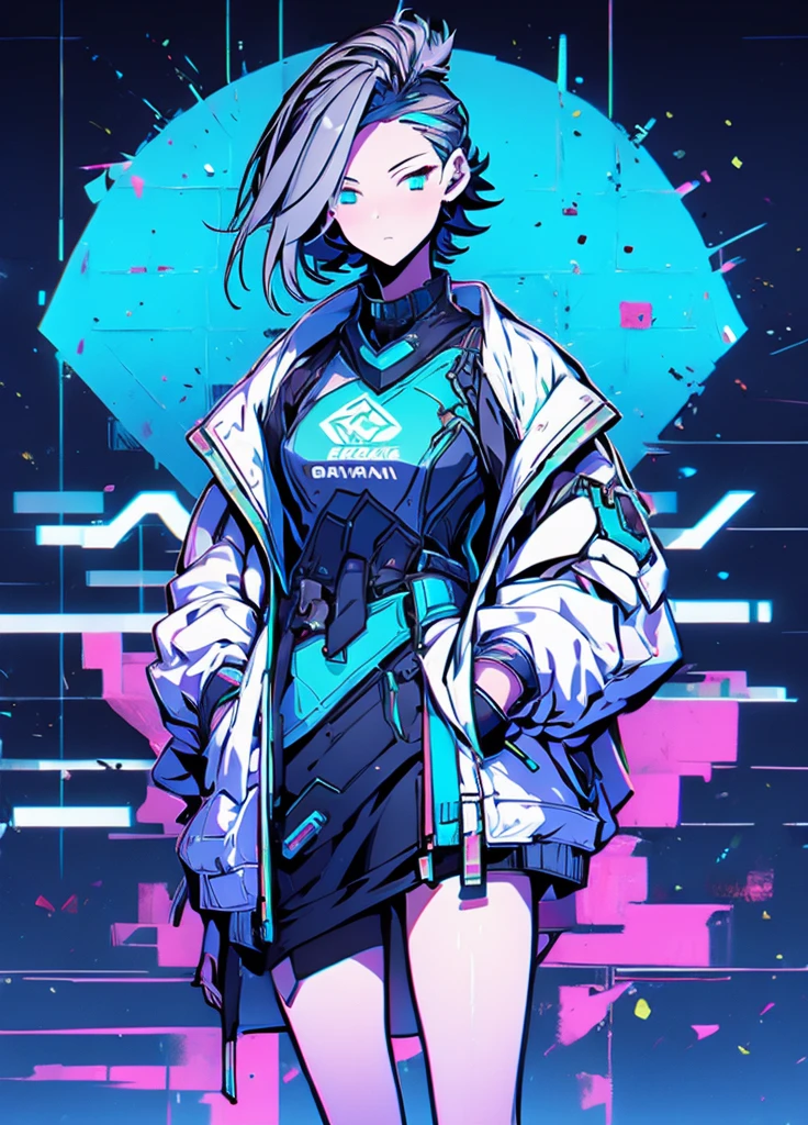 (masutepiece:1.2, Best Quality),  [1 girl in, expressioness, Turquoise eyes, Slate-gray hair, half short cut hair,White Jacket,jacket comes off, ,Upper body]