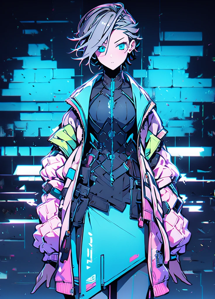 (masutepiece:1.2, Best Quality),  [1 girl in, expressioness, Turquoise eyes, Slate-gray hair, half short cut hair,White Jacket,jacket comes off, ,Upper body]