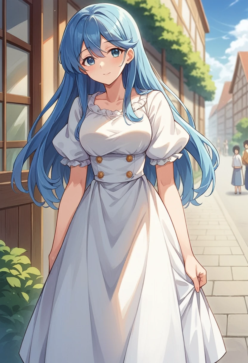Anime girl with blue hair and white dress standing in a rural village, Anime Moe Art Style, In a dress, Cute anime waifu in a nice dress, Long Hair Anime Girl, Hestia, Smooth anime CG art, Beautiful Anime Girls, Anime Goddess, Beautiful blue hair girl, Visual Novel CG, Painted in an anime artist's studio, Cute Anime Girl