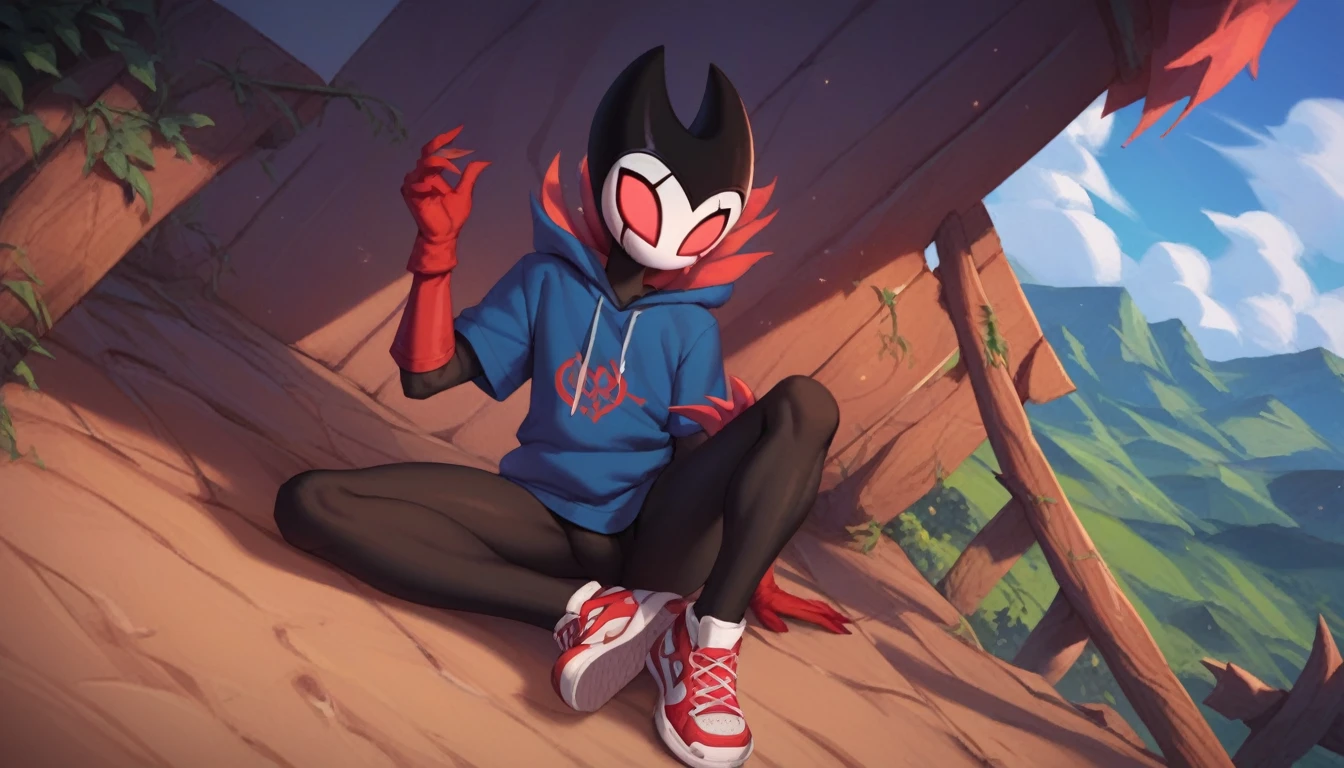 score_9, score_8_up, score_7_up, score_6_up, zPDXL2, grimm \(hollow knight\), vampire, bat, 1boy, solo, cute face, detailed eyes, anthro, landscape, looking at the viewer, highlight thighs, red sports gloves, sneakers, blue hooded sweatshirt, outdoor, In the woods, cinematic angle 