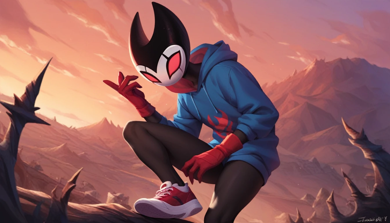 score_9, score_8_up, score_7_up, score_6_up, zPDXL2, grimm \(hollow knight\), vampire, bat, 1boy, solo, cute face, detailed eyes, anthro, landscape, looking at the viewer, highlight thighs, red sports gloves, sneakers, blue hooded sweatshirt, outdoor, In the woods, cinematic angle