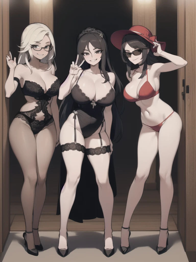 three sexy women who are wives of  boy, looking at camera, seductive smiles, portrait, various hair, lingerie, sunglasses, hats