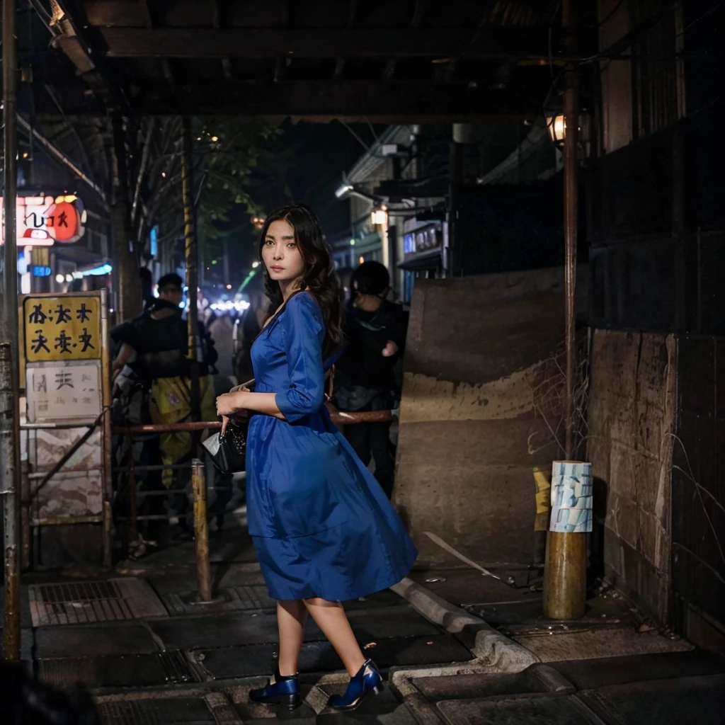 Female supermodel. Royal blue dress. Dim, soft lighting. Sunset. Sugamo Jizodori Shopping Street, Tokyo, Japan.